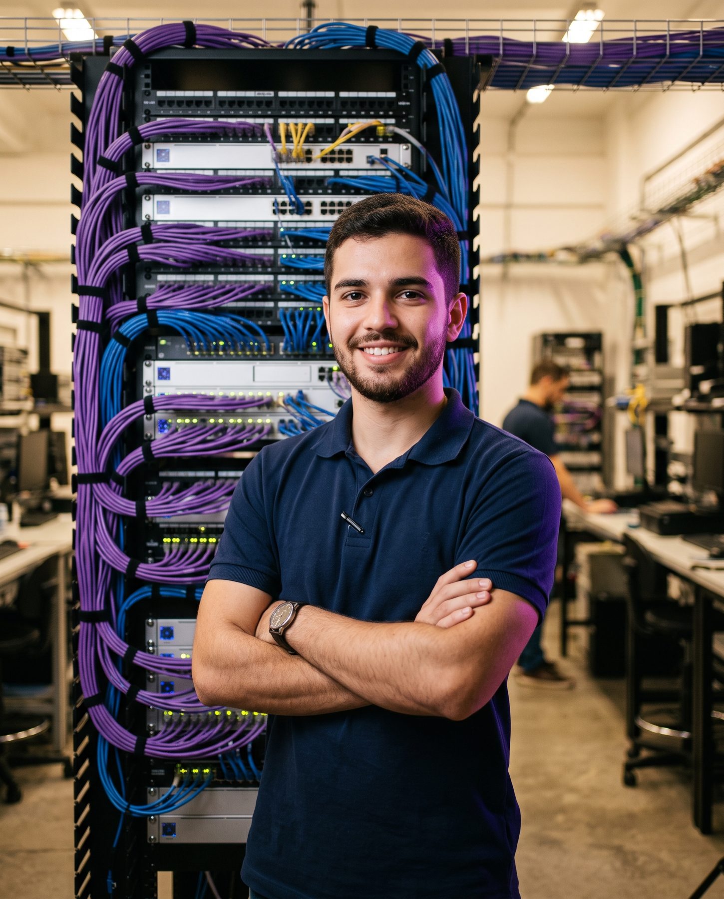 Técnico de redes certificado pela Lightera Academy em frente a um rack de cabeamento estruturado