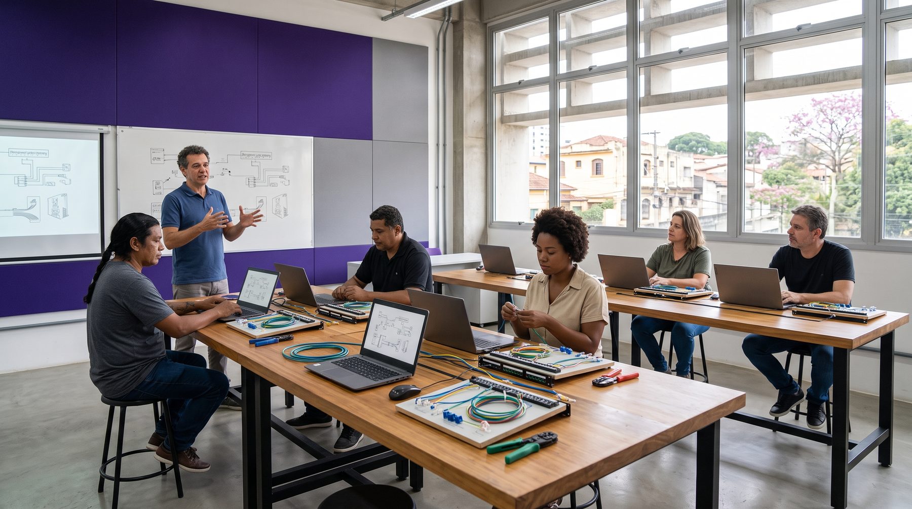 Instrutor conduzindo aula prática de cabeamento estruturado para uma turma da Engner Treinamentos